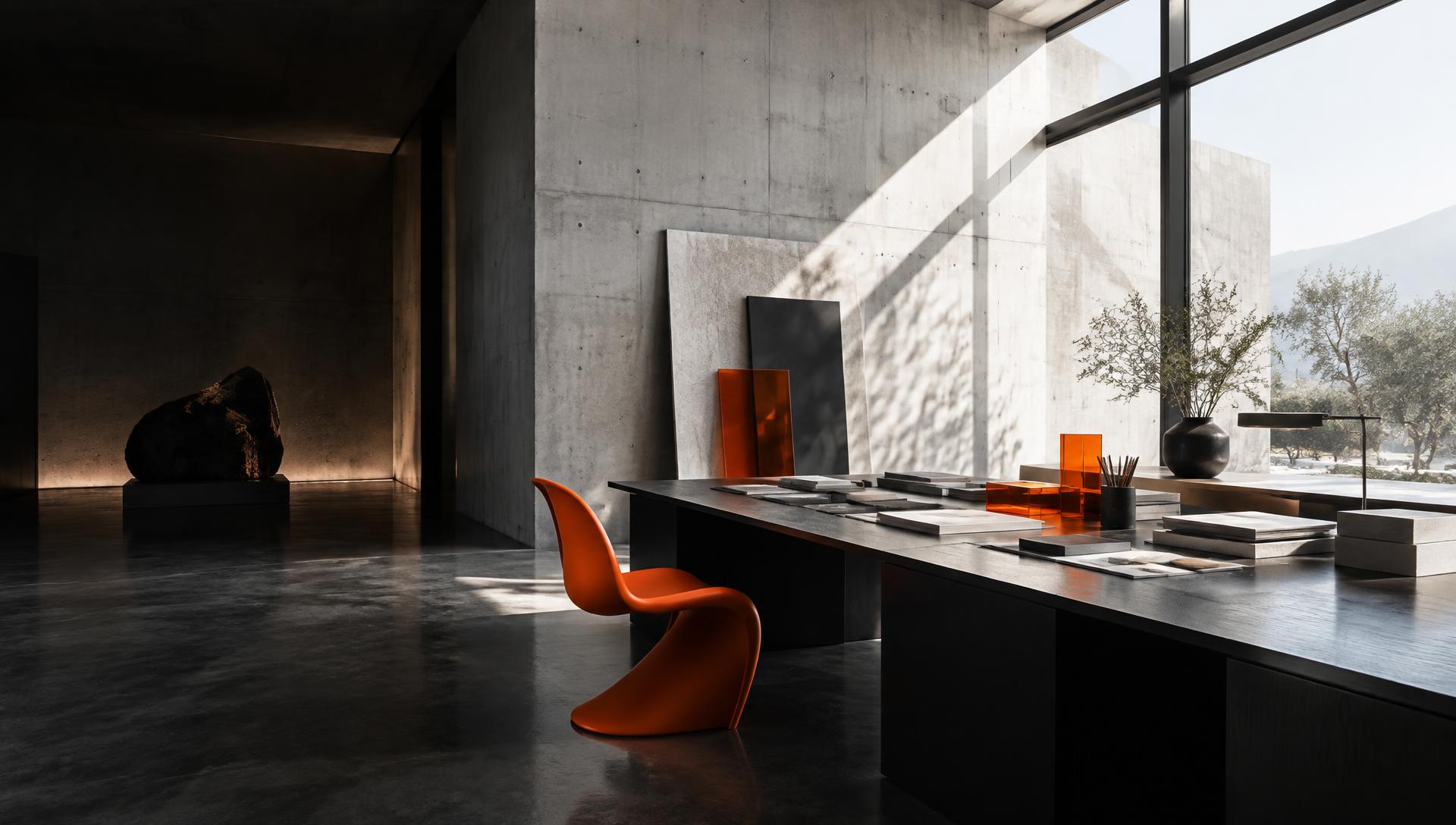 Composição editorial de arquitetura e design em preto, branco e laranja